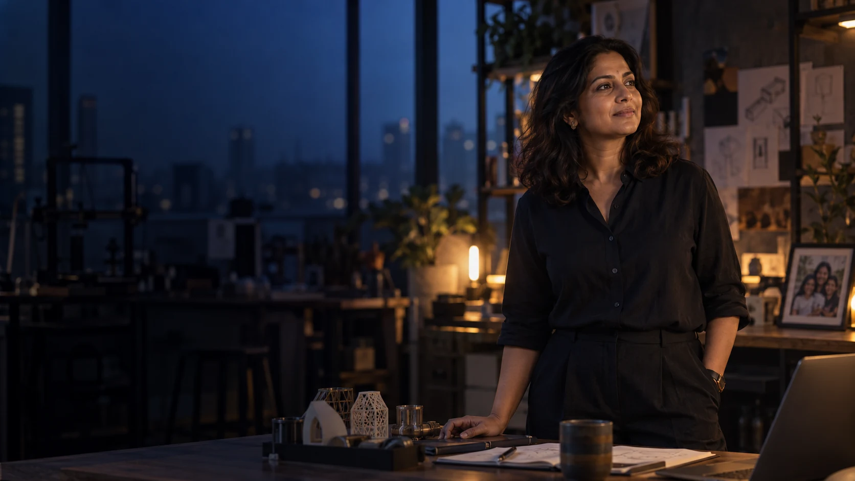 Founder reflecting in a workshop studio at dusk, with space for a cinematic story treatment
