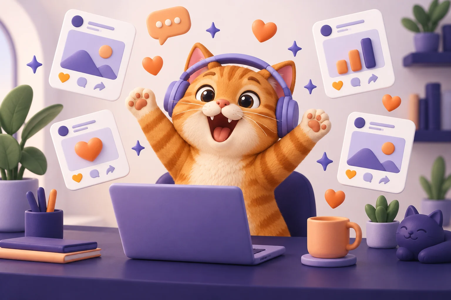 Original illustration of a joyful orange cat celebrating at a laptop surrounded by social media cards